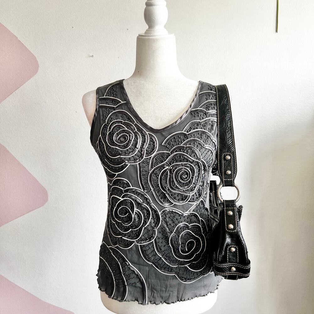 Vintage Beaded 3D Floral Tank Top, Y2K Glam Coquette Soft Girl Balletcore Medium
